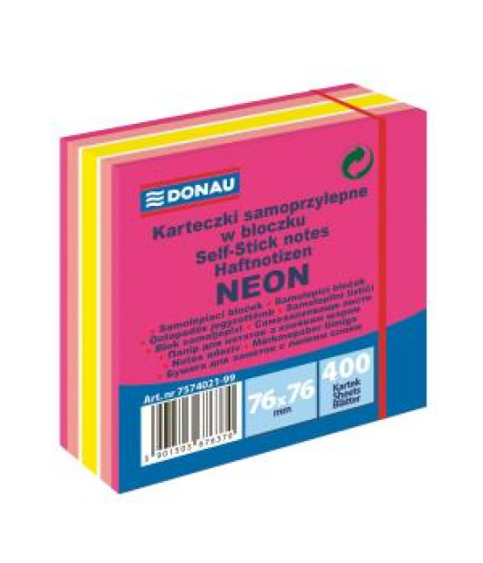 Bloček Donau 76 x 76 mm, mix neónových farieb, ružová, 400 lístkov 
