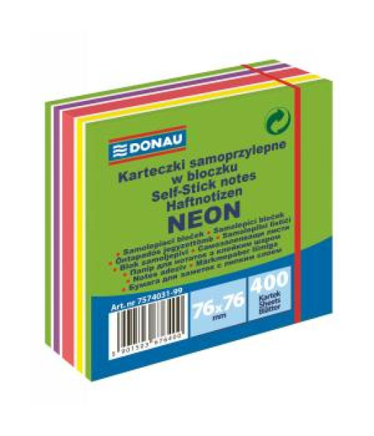 Bloček Donau 76 x 76 mm, mix neónových farieb, zelená, 400 lístkov 