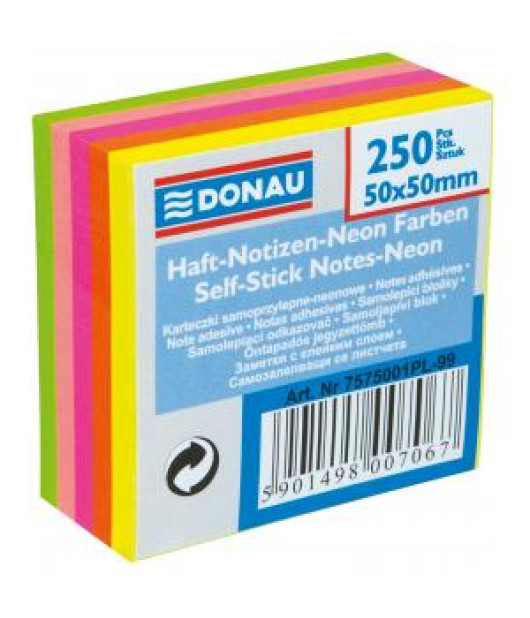 Bloček Donau, 50 x 50 mm, 5 neónových farieb, 250 lístkov 