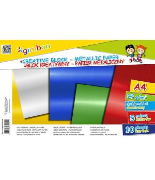 Kreatívny farebný blok GIMBOO A4, obojstranný, 5 metalických farieb, 10 listov, 90 GSM 