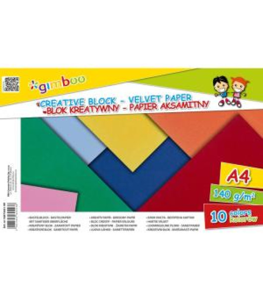Kreatívny farebný blok GIMBOO A4, zamatový papier, lepený, 10 farieb, 140 GSM 