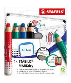 Sada STABILO MARKdry na tabuľu a flipchart 4f so strúhadlom a utierkou 