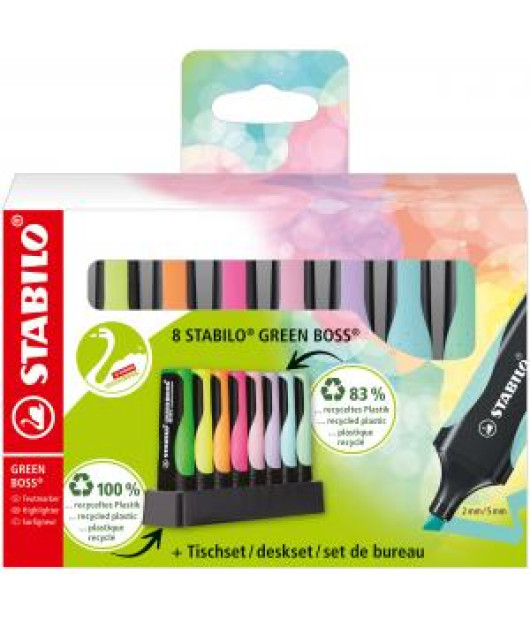 Sada zvýrazňovačov STABILO GREEN BOSS 8S so 4 rôznymi pastelovými a neónovými farbami 