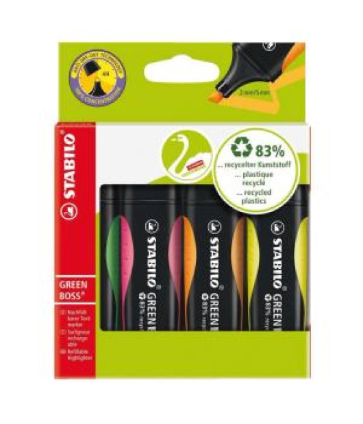 Sada zvýrazňovačov STABILO GREEN BOSS 4 ks zelená, ružová, oranžová, žltá 