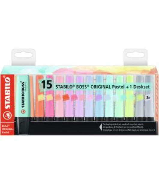 Sada zvýrazňovačov STABILO BOSS ORIGINAL Pastel 15 ks Stolný set so 14 rôznymi farbami 