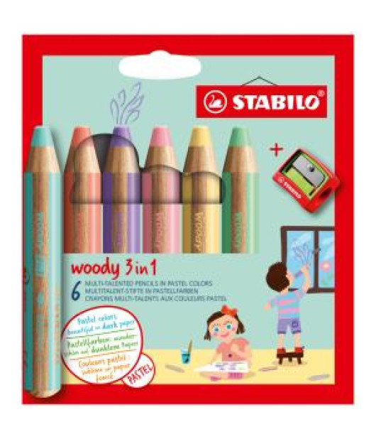 Farbičky STABILO woody 3 in 1 Pastel 6 ks Sada v kartónovom obale so strúhadlom 