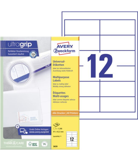 Etikety univerzálne 97x42,3mm Avery A4 100 hárkov Etikety univerzálne 97x42,3mm Avery A4 100 hárkov