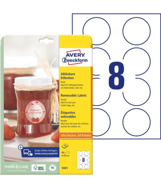 Etikety kruhové 65mm Avery 10 hárkov biele Etikety kruhové 65mm Avery 10 hárkov biele