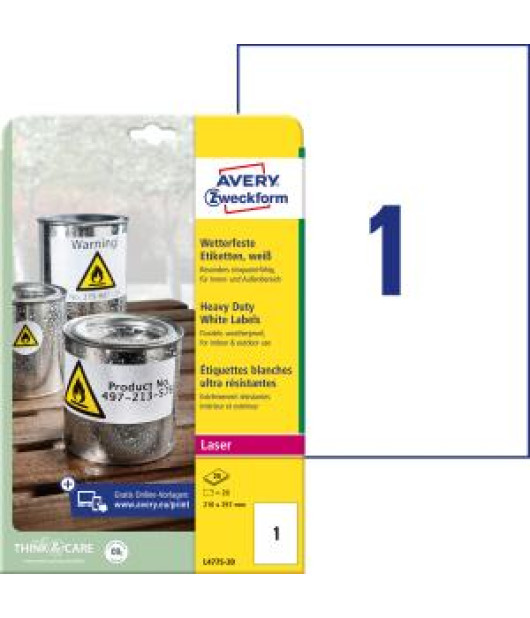 Etikety polyesterové veľmi odolné 210 x 297mm Avery A4 biele 20 hárkov