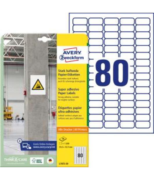 Etikety univerzálne 35,6x16,9mm Avery A4, silne lepivé 20 hárkov