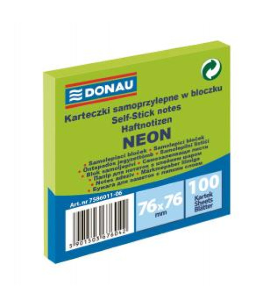 Bloček DONAU 76 x 76 mm, neónová zelená, 100 lístkov Bloček DONAU 76 x 76 mm, neónová zelená, 100 lístkov