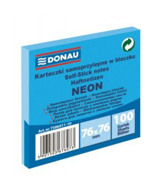 Bloček Donau neónový, 76 x 76 mm, modrý, 100 lístkov Bloček Donau neónový, 76 x 76 mm, modrý, 100 lístkov