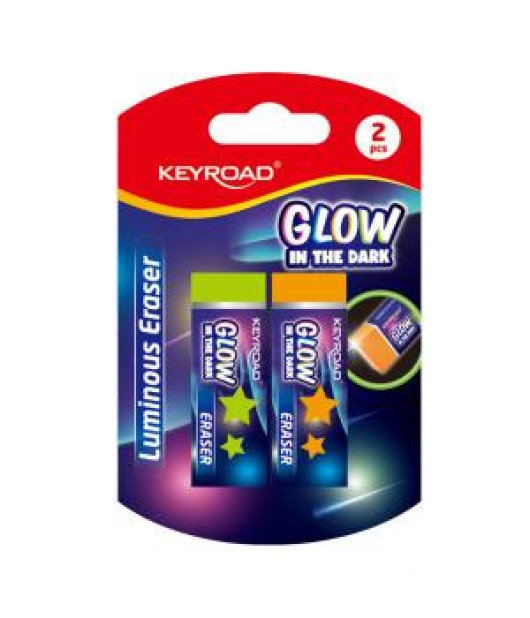 Guma KEYROAD fluorescenčná, svietiaca v tme, mix farieb, blister 2 ks, mix farieb