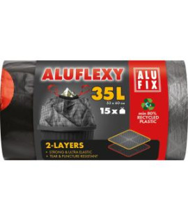 Vrecia na odpadky zaťahovacie Alufix 35 l / 15 ks, 28mic., LDPE 2 vrstvové, 53 x 60 cm, sivo-čierne