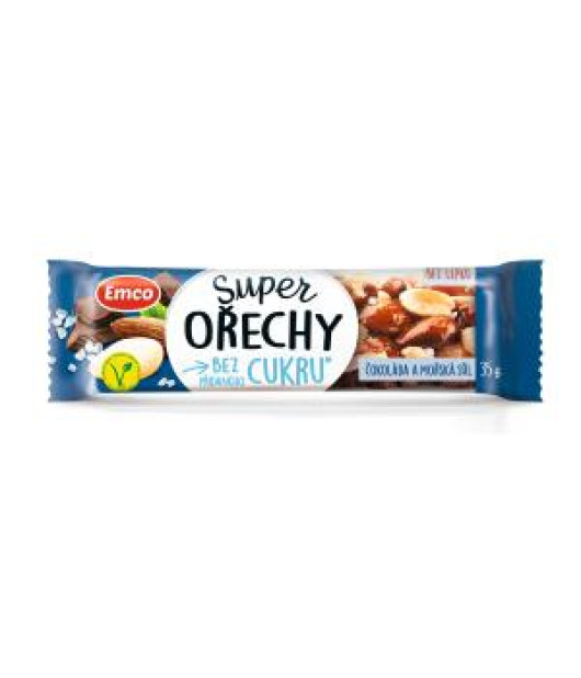 Tyčinka Super orechy čokoláda a morská soľ VEGAN 35g Tyčinka Super orechy čokoláda a morská soľ VEGAN 35g
