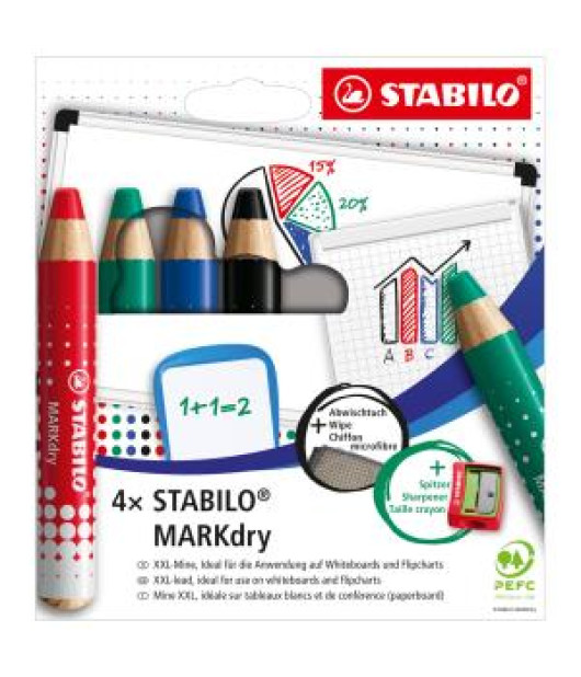 Sada STABILO MARKdry na tabuľu a flipchart 4f so strúhadlom a utierkou Sada STABILO MARKdry na tabuľu a flipchart 4f so strúhadlom a utierkou