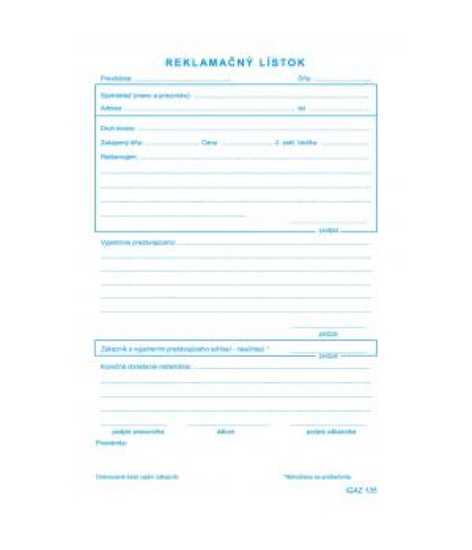 Reklamačný list, samoprepis, A5, 100 listov