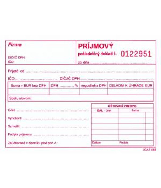 Príjmový pokladničný doklad s DPH, samoprepis, A6, číslovaný, 100 listov